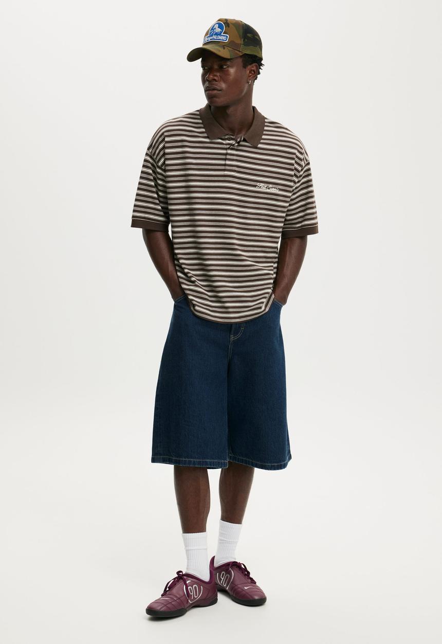 Cotton On - Box Fit Short Sleeve Polo - Chocolate Stripe