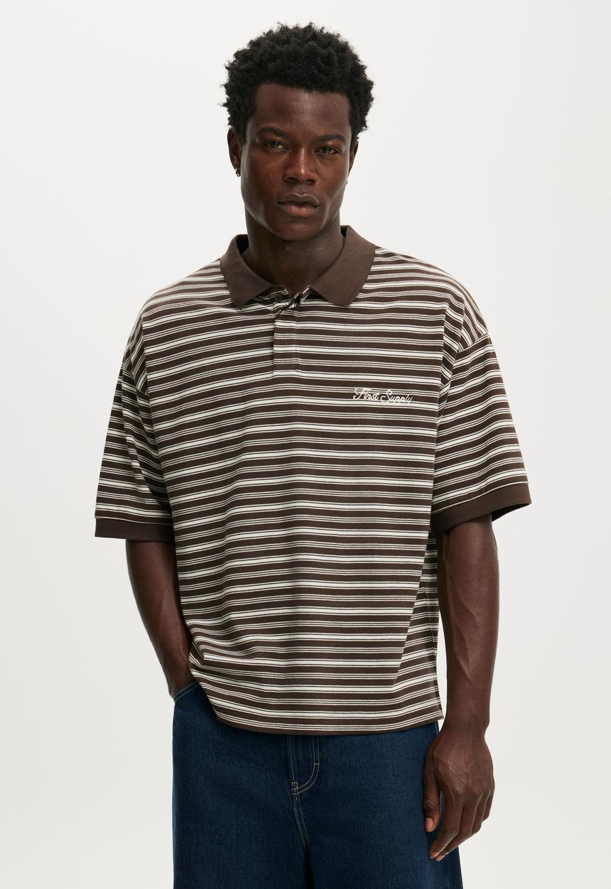 Cotton On - Box Fit Short Sleeve Polo - Chocolate Stripe