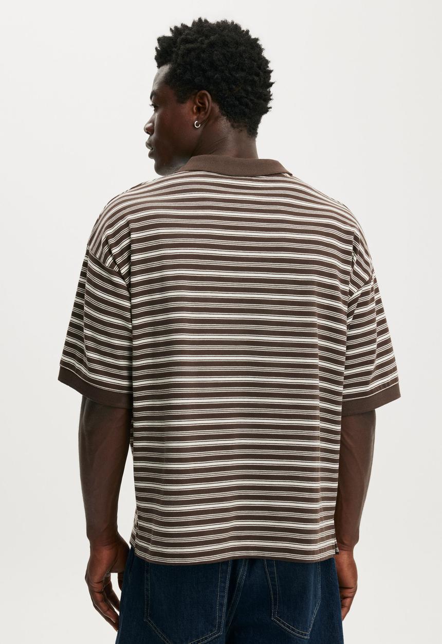 Cotton On - Box Fit Short Sleeve Polo - Chocolate Stripe
