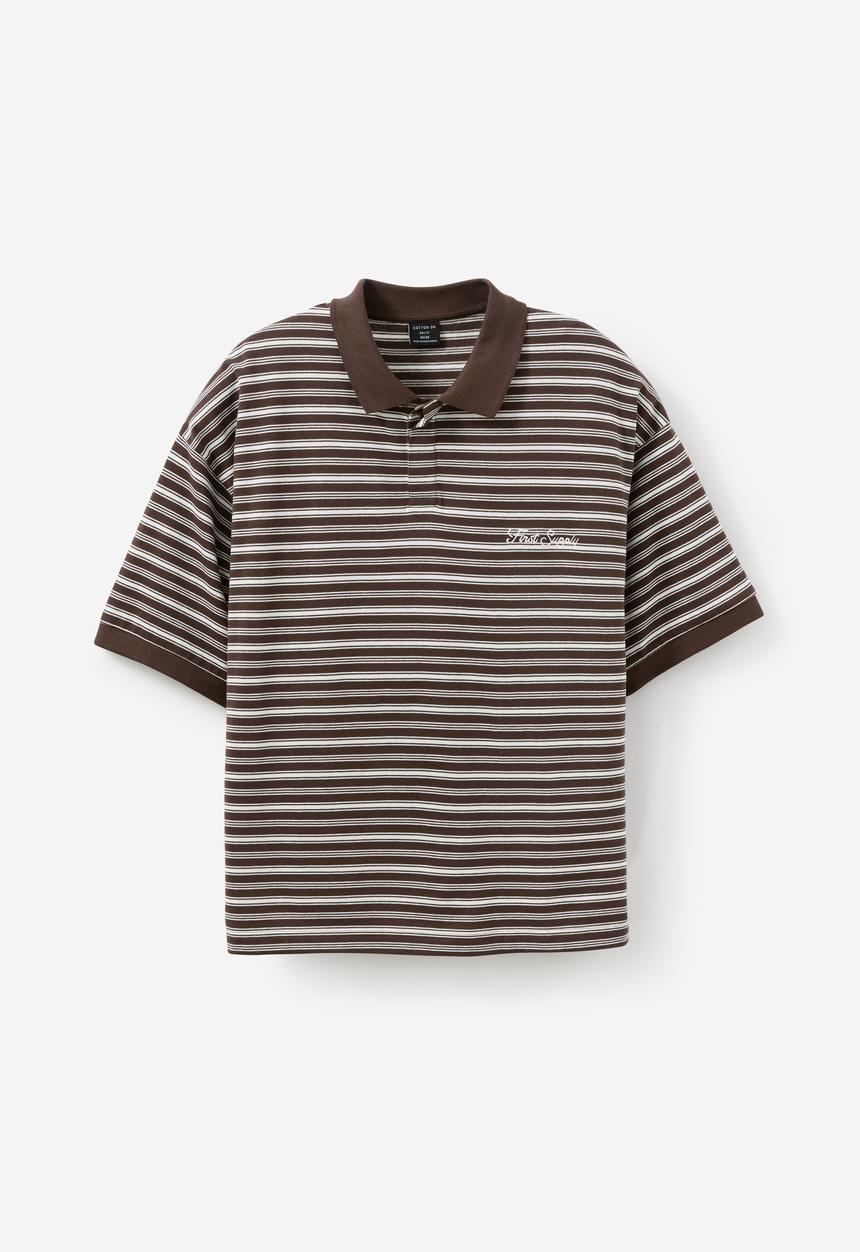 Cotton On - Box Fit Short Sleeve Polo - Chocolate Stripe