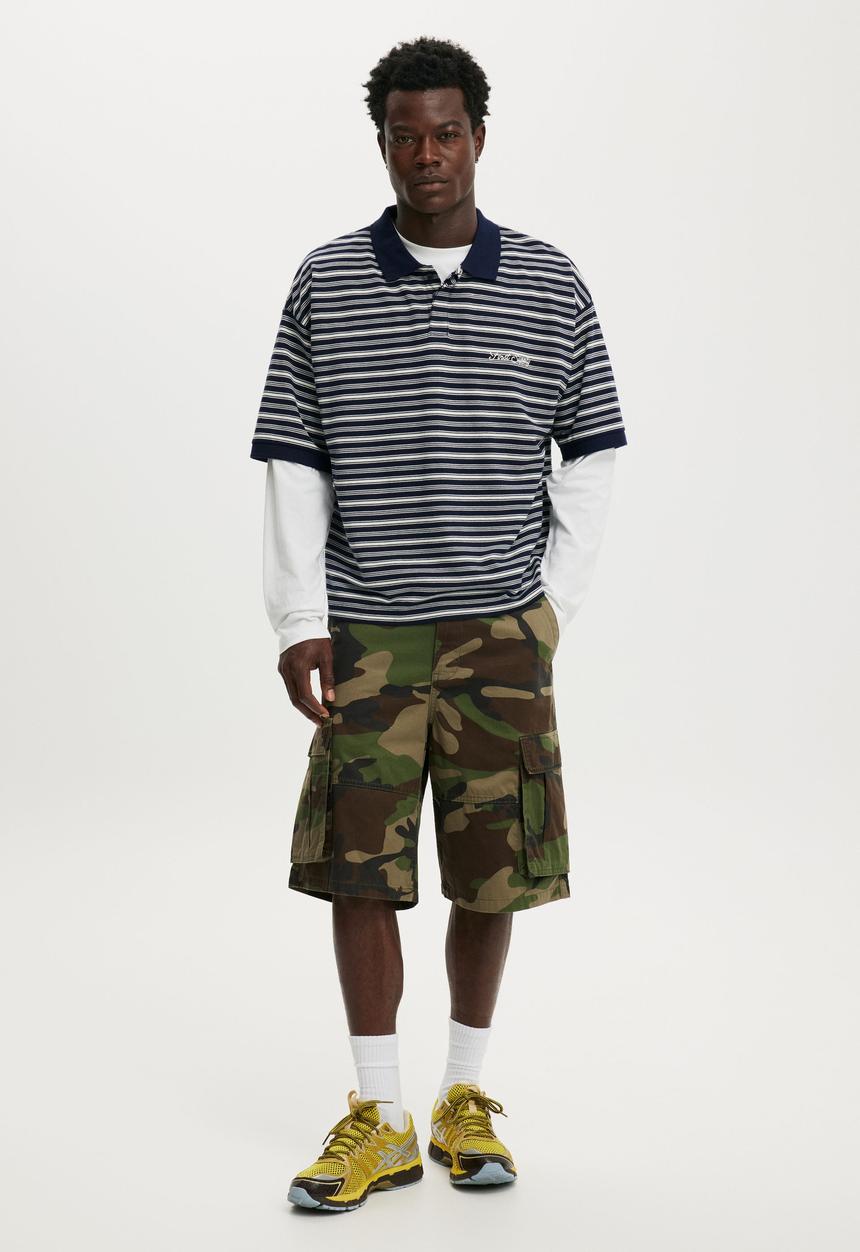 Cotton On - Box Fit Short Sleeve Polo - Navy Stripe