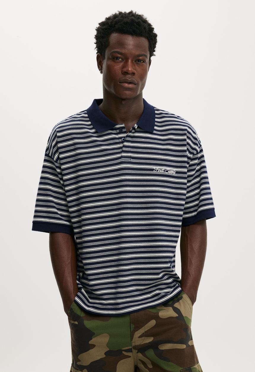 Cotton On - Box Fit Short Sleeve Polo - Navy Stripe