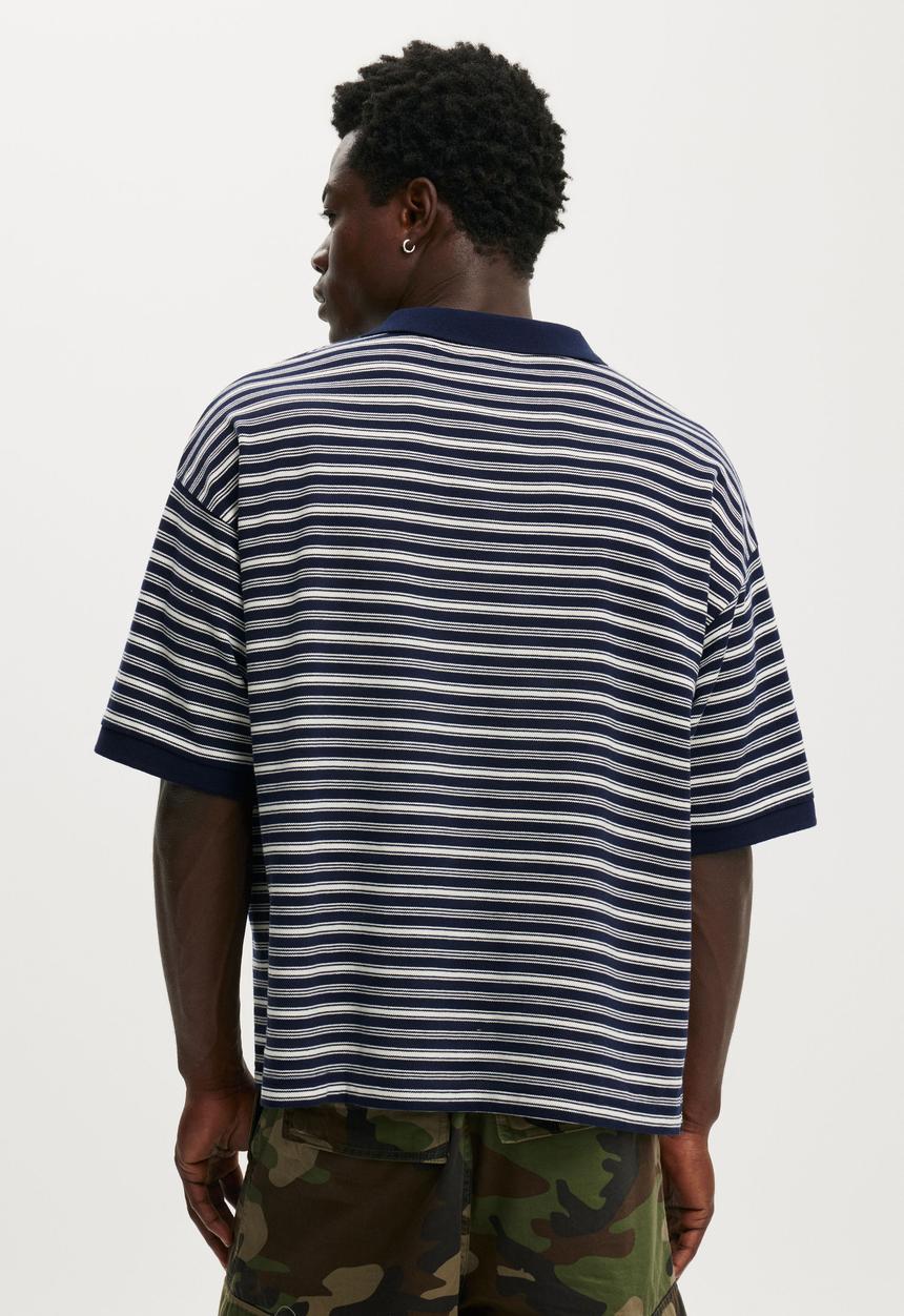 Cotton On - Box Fit Short Sleeve Polo - Navy Stripe