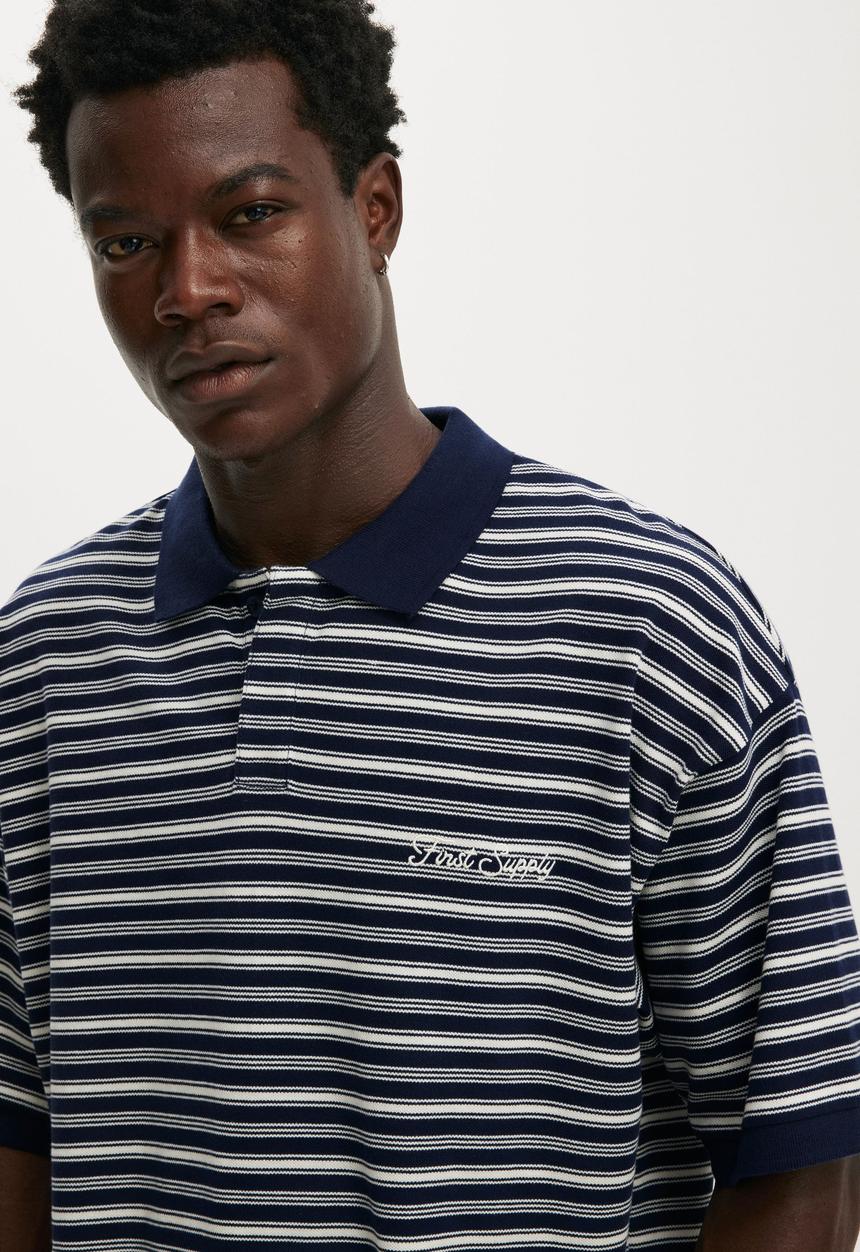 Cotton On - Box Fit Short Sleeve Polo - Navy Stripe