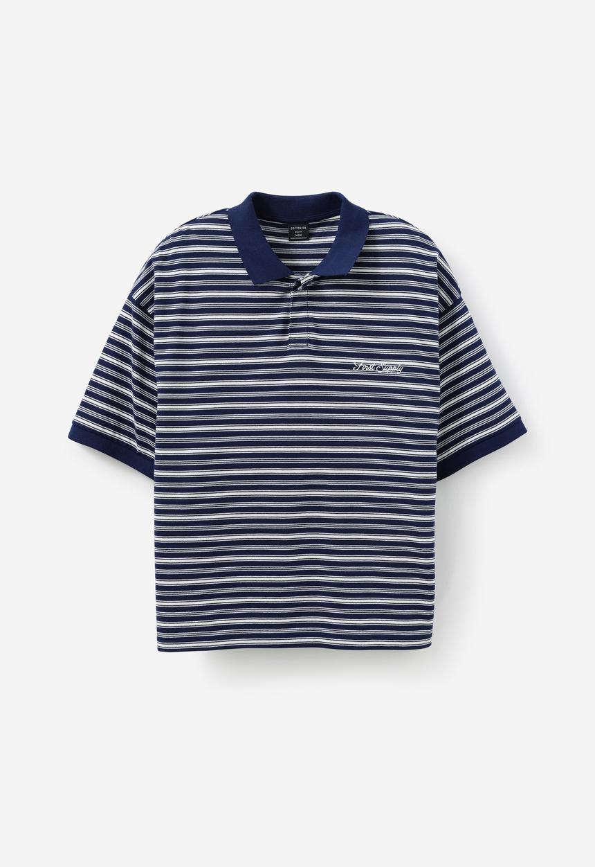 Cotton On - Box Fit Short Sleeve Polo - Navy Stripe
