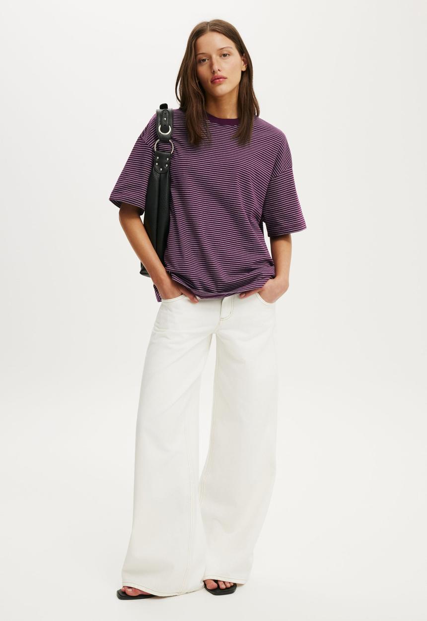 Cotton On - The Boxy Sleeve Tee - Lisa Stripe Iced Marine/Blackberry Belle