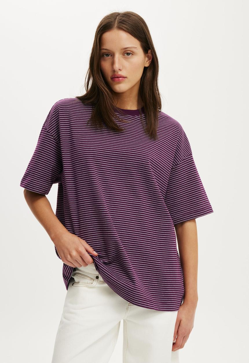 Cotton On - The Boxy Sleeve Tee - Lisa Stripe Iced Marine/Blackberry Belle