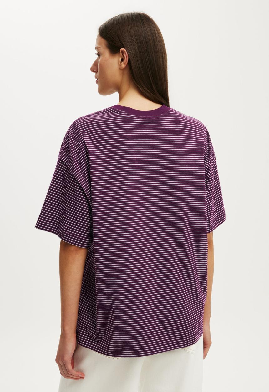 Cotton On - The Boxy Sleeve Tee - Lisa Stripe Iced Marine/Blackberry Belle