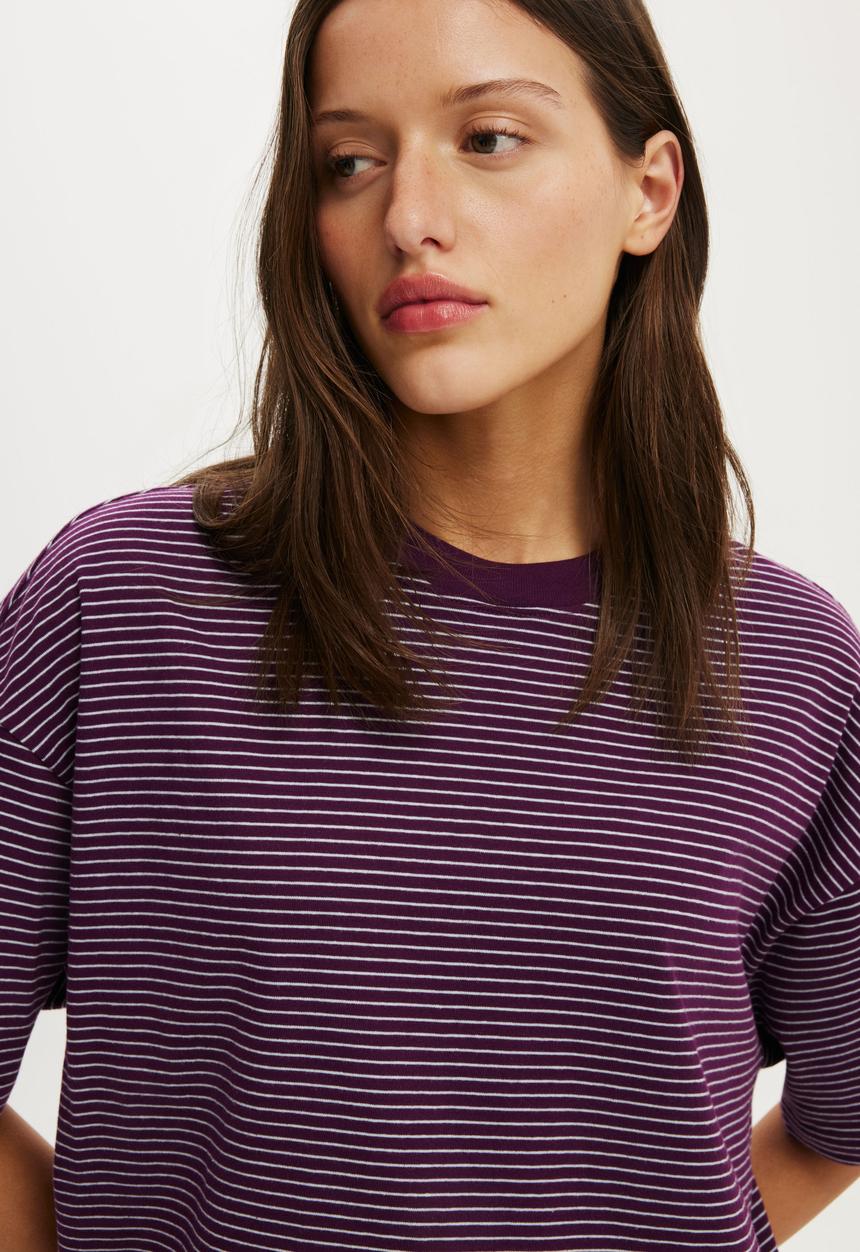 Cotton On - The Boxy Sleeve Tee - Lisa Stripe Iced Marine/Blackberry Belle