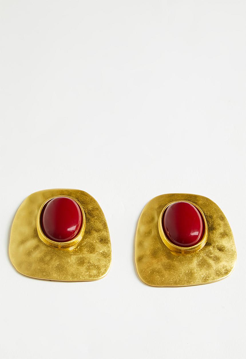 Tessa Design - Luca Abstract Hammered Metal Earrings With Gemstone-Gold/Red