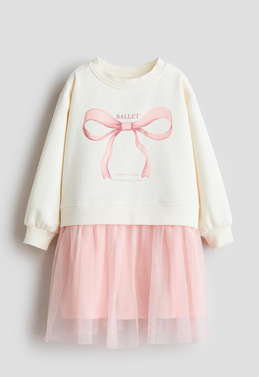 H&M - Tulle-skirt sweatshirt dress - cream/bow