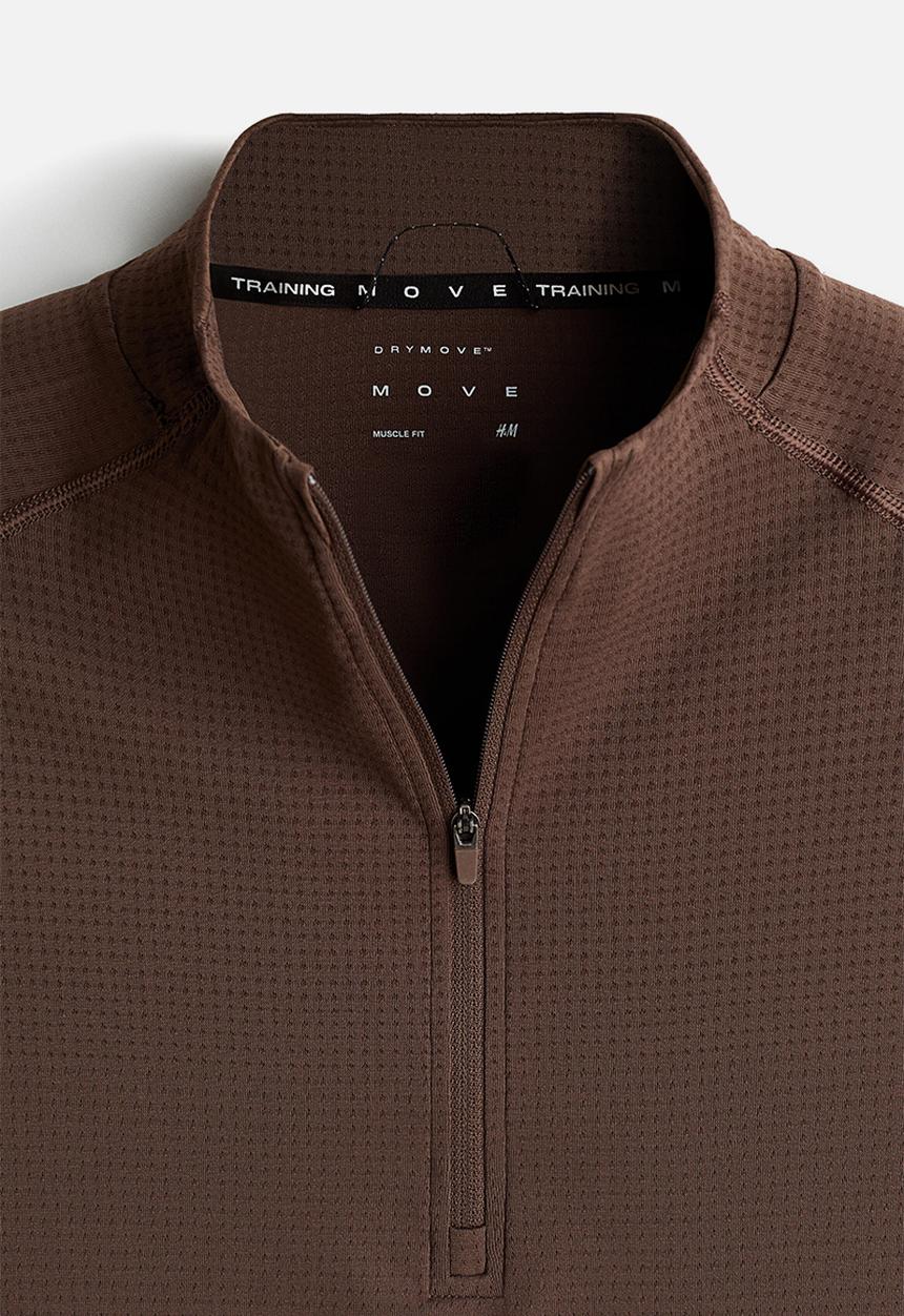 H&M - Muscle fit zip top sports top with drymove™ - brown