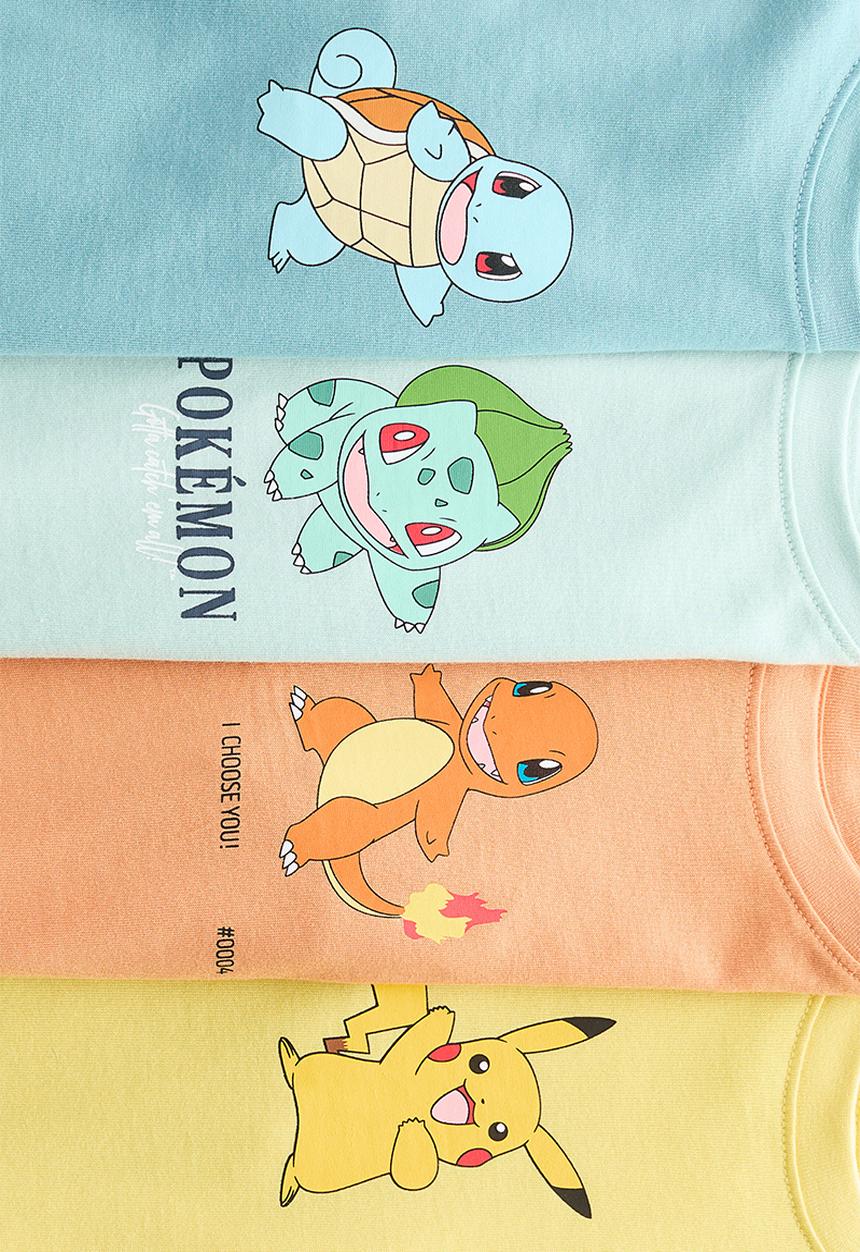 H&M - 4-pack print-motif t-shirts - yellow/pokémon