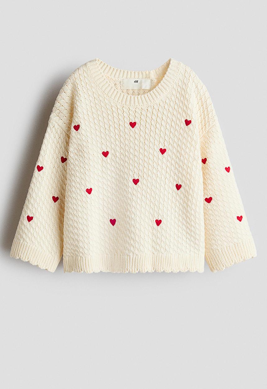 H&M - Textured-knit jumper - cream/hearts