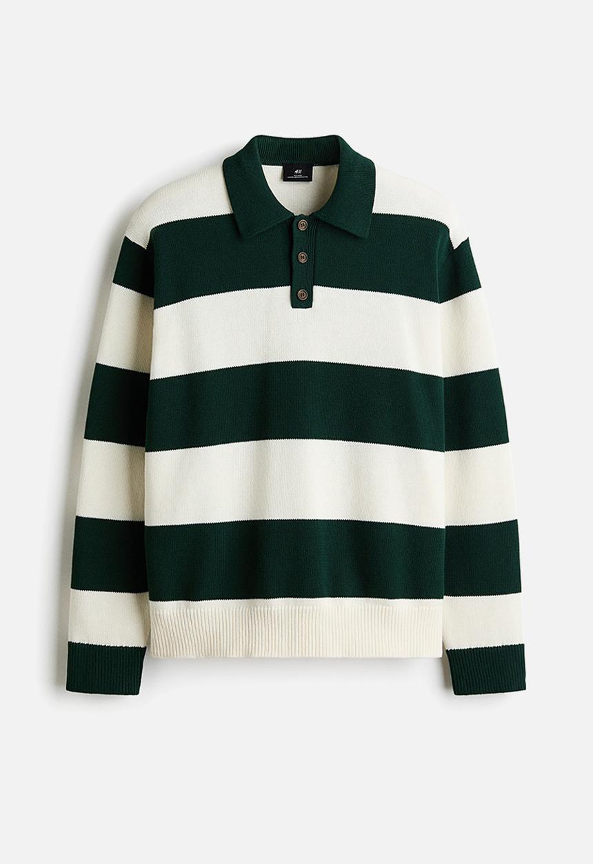 H&M - Relaxed fit polo shirt - dark green/striped