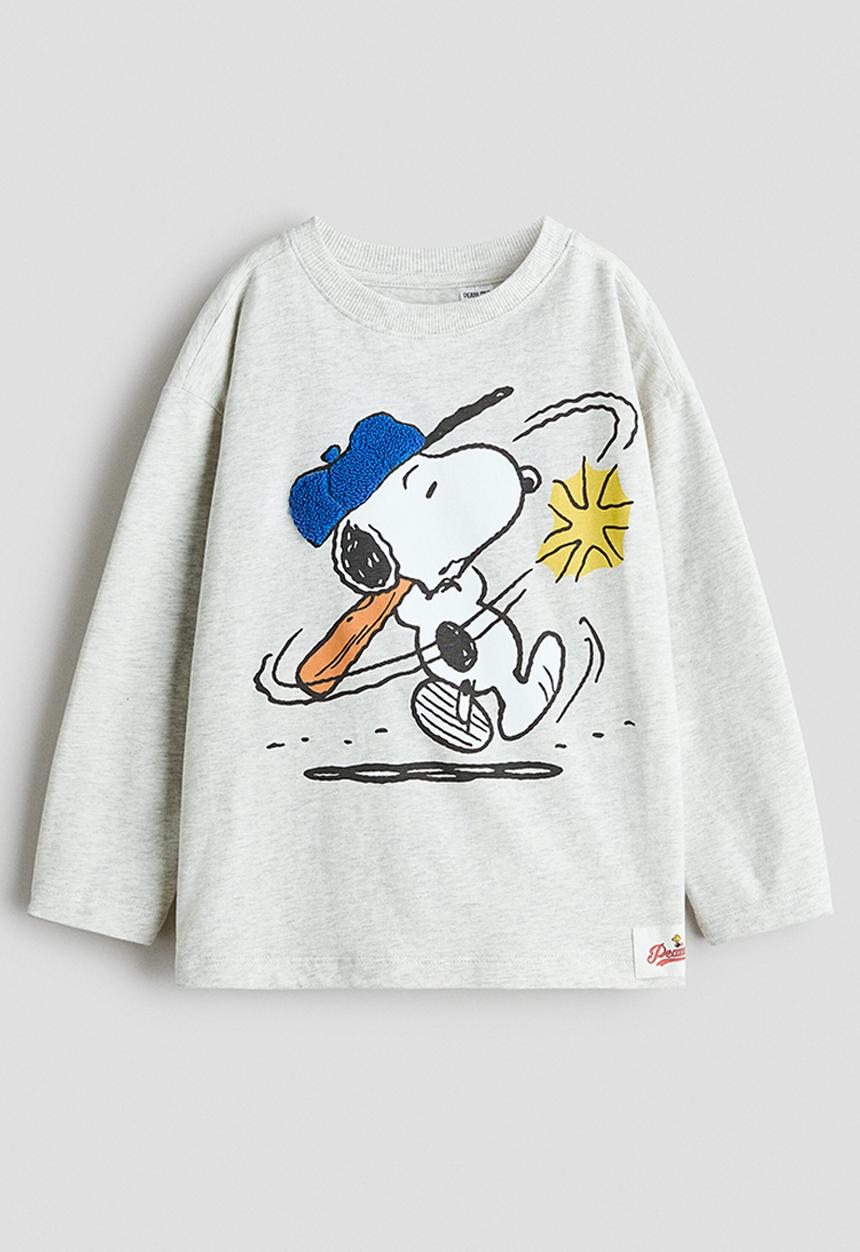 H&M - Printed long-sleeved T-shirt - light grey marl/snoopy