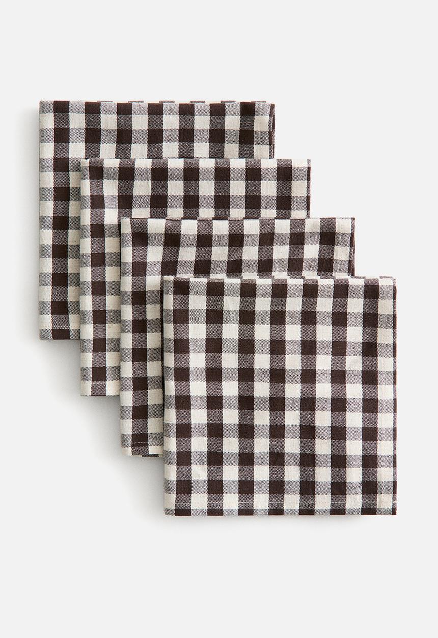 H&M - 4-pack cotton napkins - dark brown/gingham check