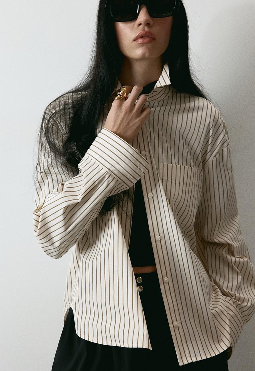 H&M - Oversized poplin shirt - light beige/striped