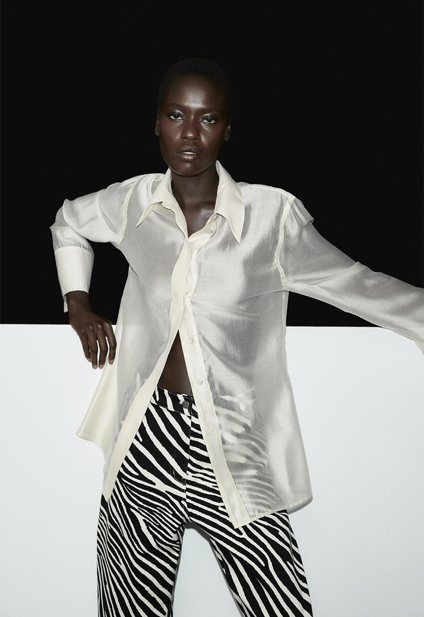H&M - Barrel-leg twill trousers - black/zebra print