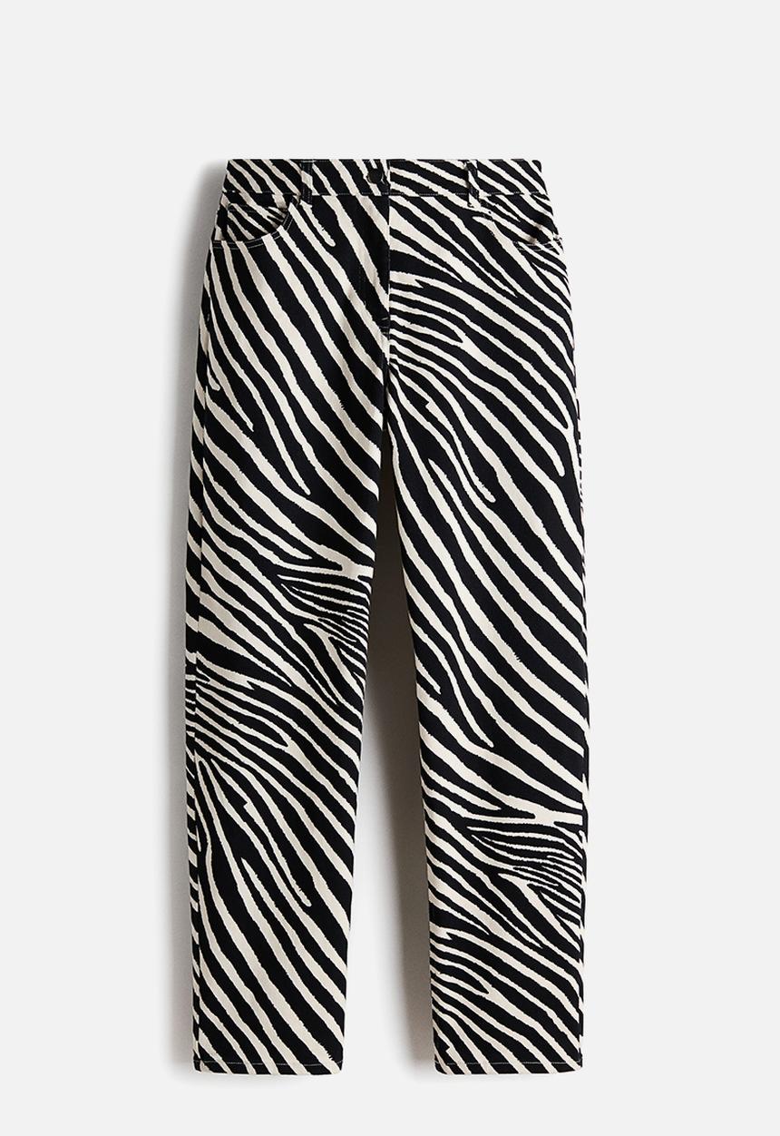 H&M - Barrel-leg twill trousers - black/zebra print