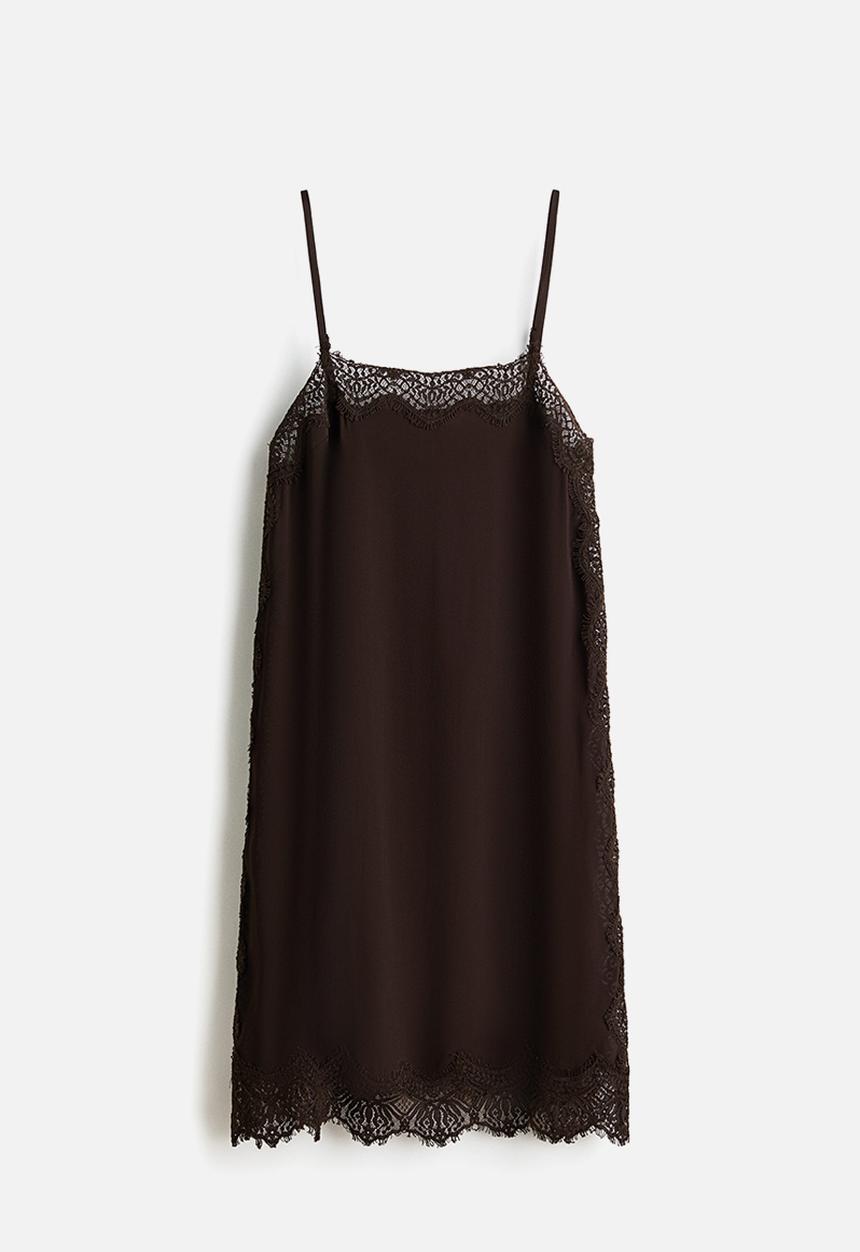 H&M - Lace-trimmed viscose dress - dark brown