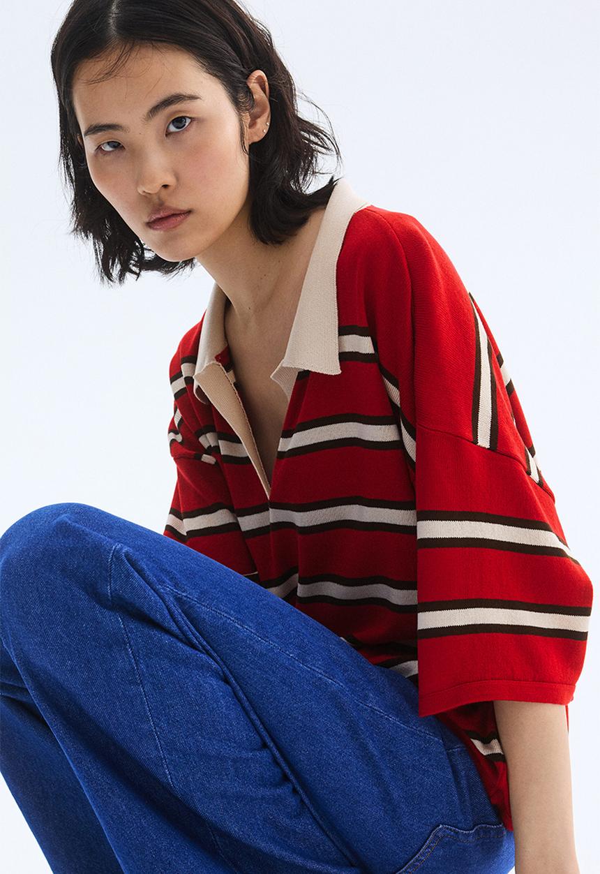 H&M - Oversized fine-knit polo shirt - red/striped