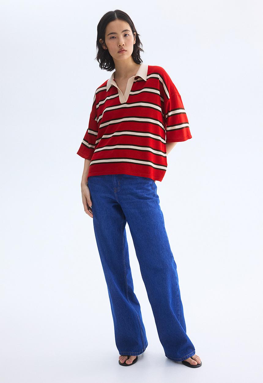 H&M - Oversized fine-knit polo shirt - red/striped
