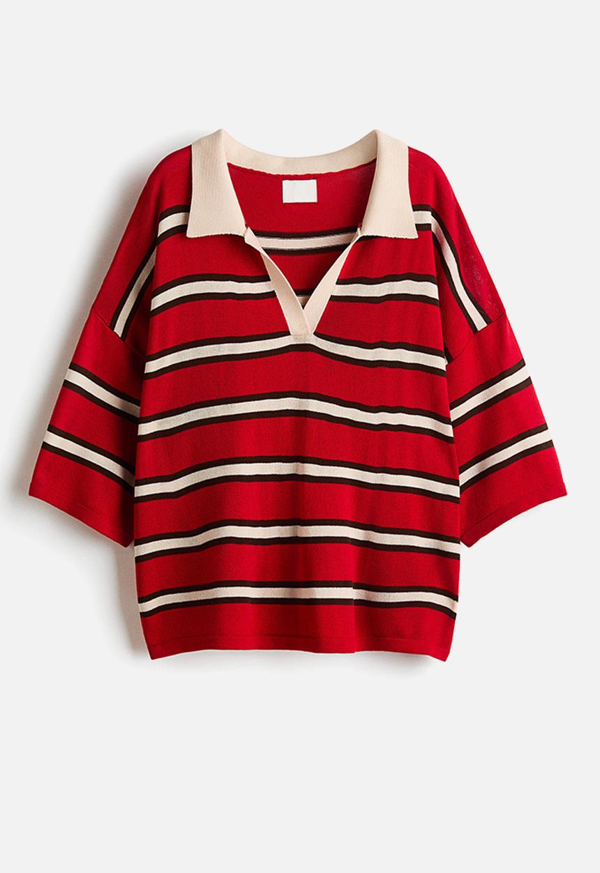 H&M - Oversized fine-knit polo shirt - red/striped