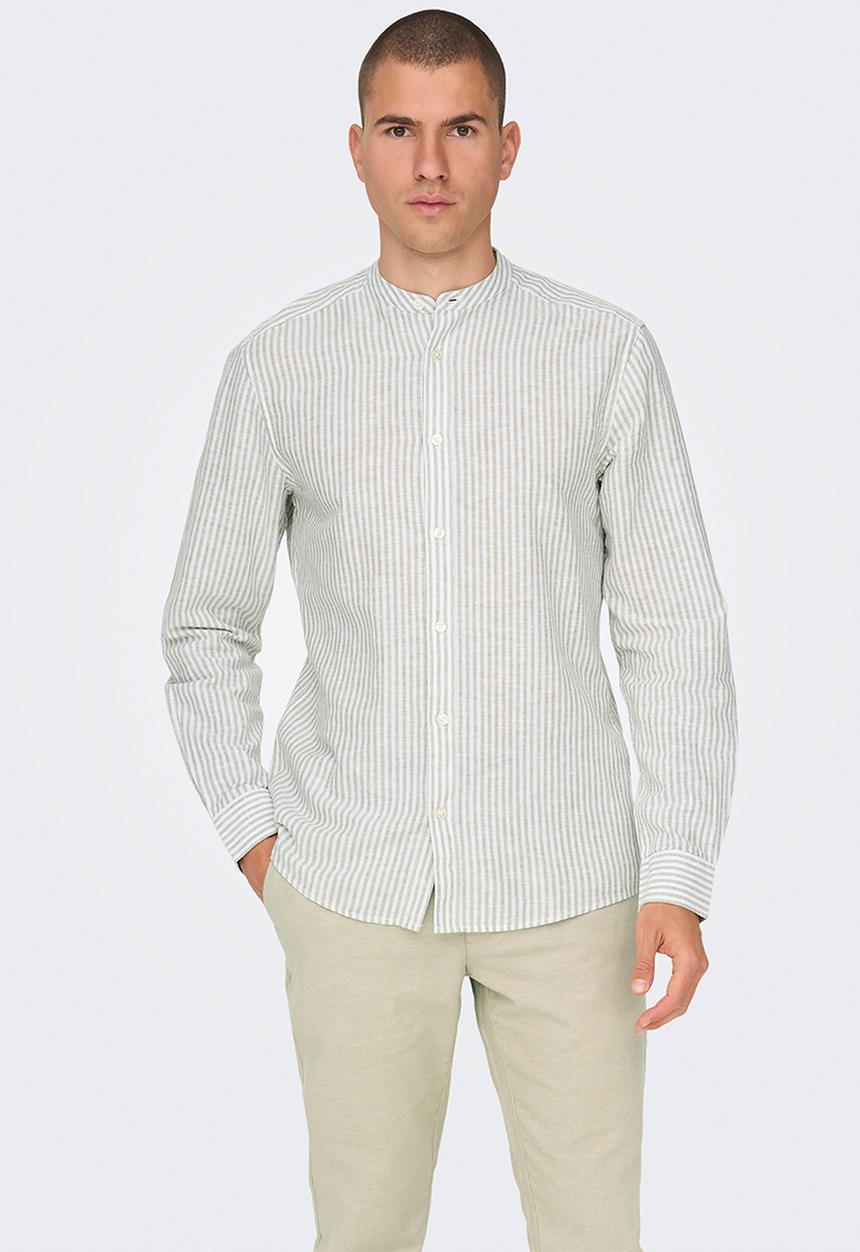 Only & Sons - ONSCAIDEN Life Long Sleeve Mao Stripe Linen - Chinchilla