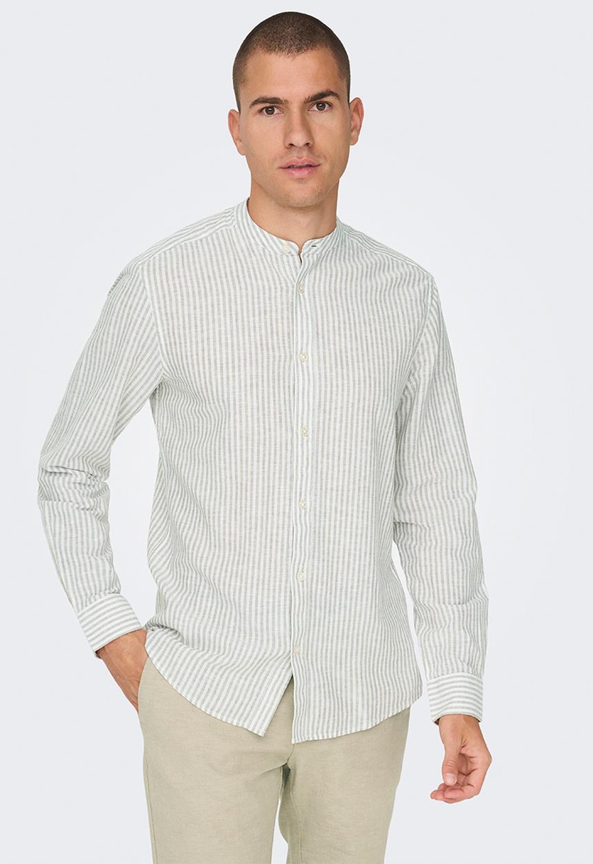 Only & Sons - ONSCAIDEN Life Long Sleeve Mao Stripe Linen - Chinchilla