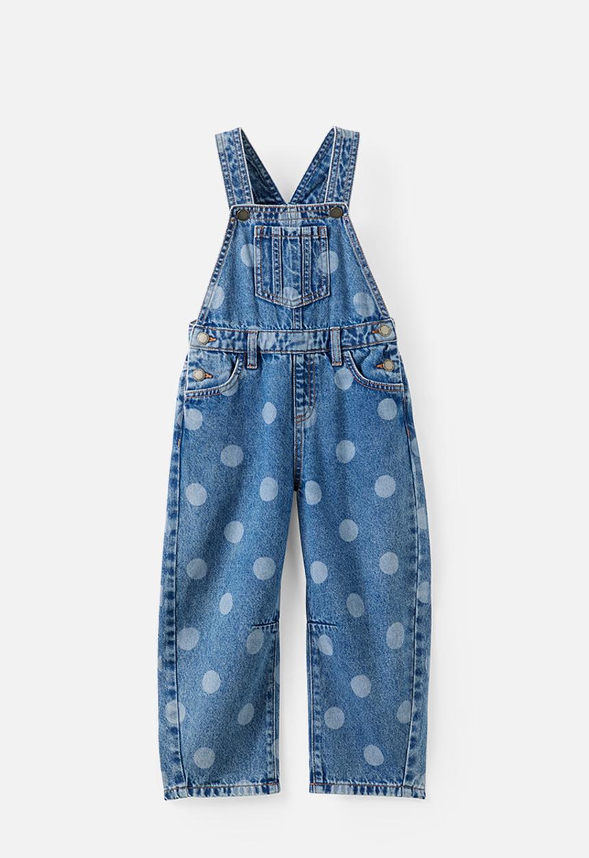 Cotton On - Barrel Leg Denim Overall - Blue Haven Mid Blue/Spots