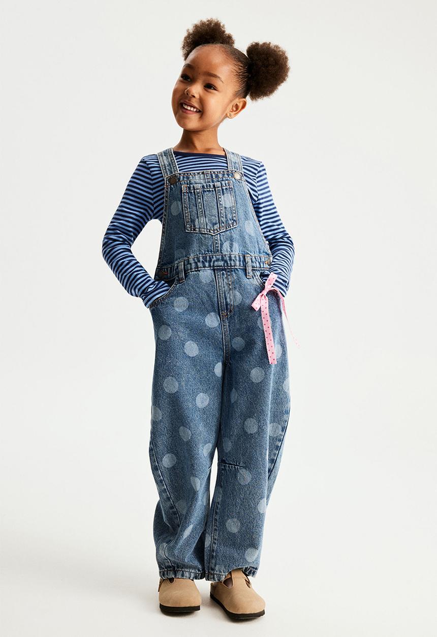 Cotton On - Barrel Leg Denim Overall - Blue Haven Mid Blue/Spots