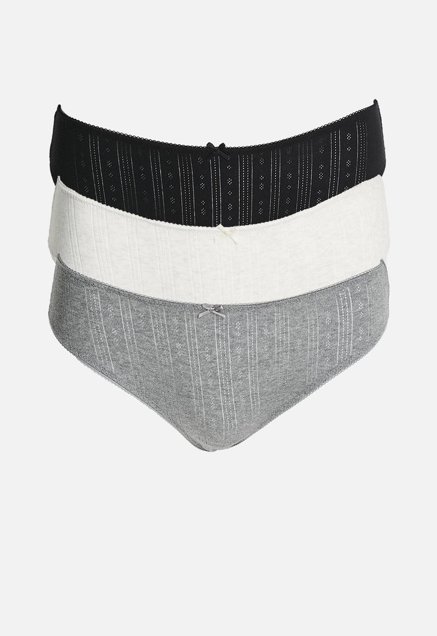 Cotton On - Cotton pointelle bikini brief 3 pack - wholesale - black/mid grey marle/butterscotch marle