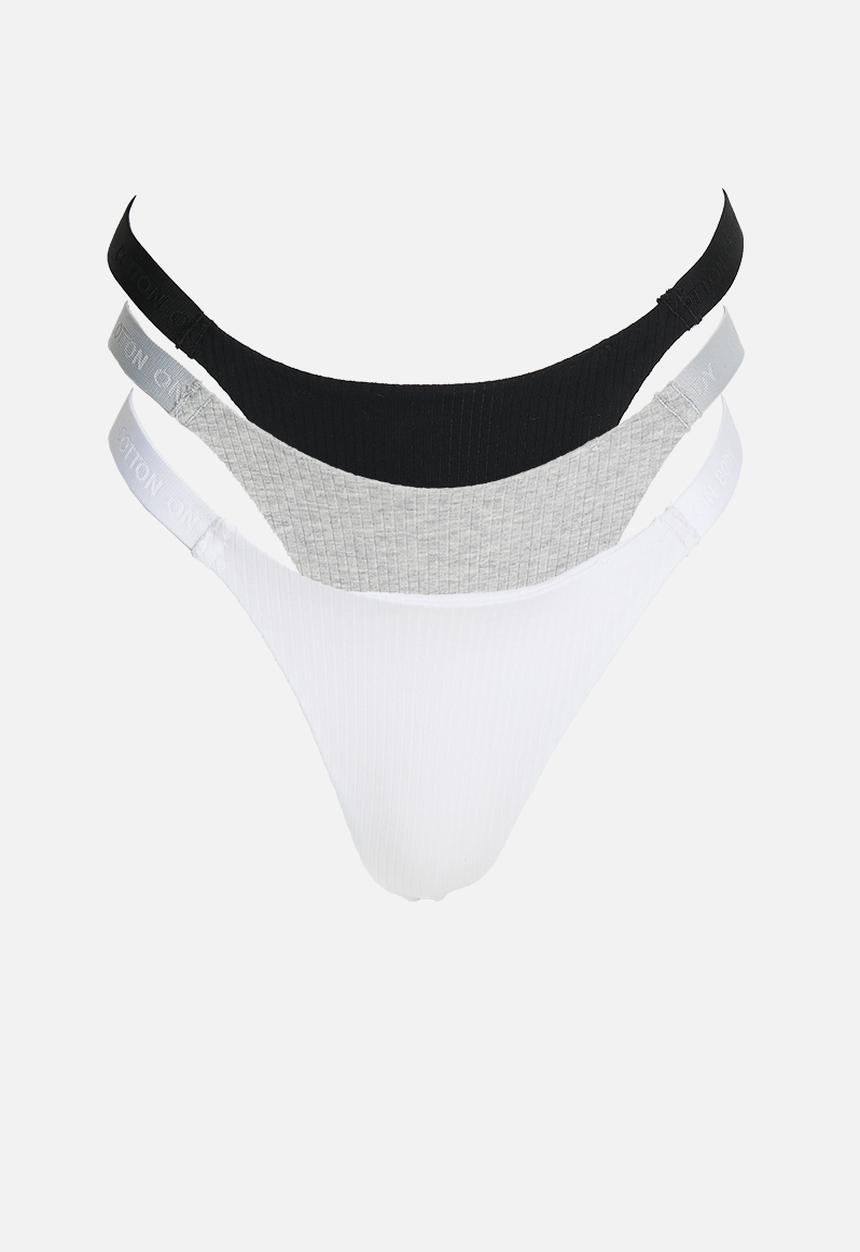 Cotton On - Branded dip front cotton tanga g string 3 pack - black/white/grey marle