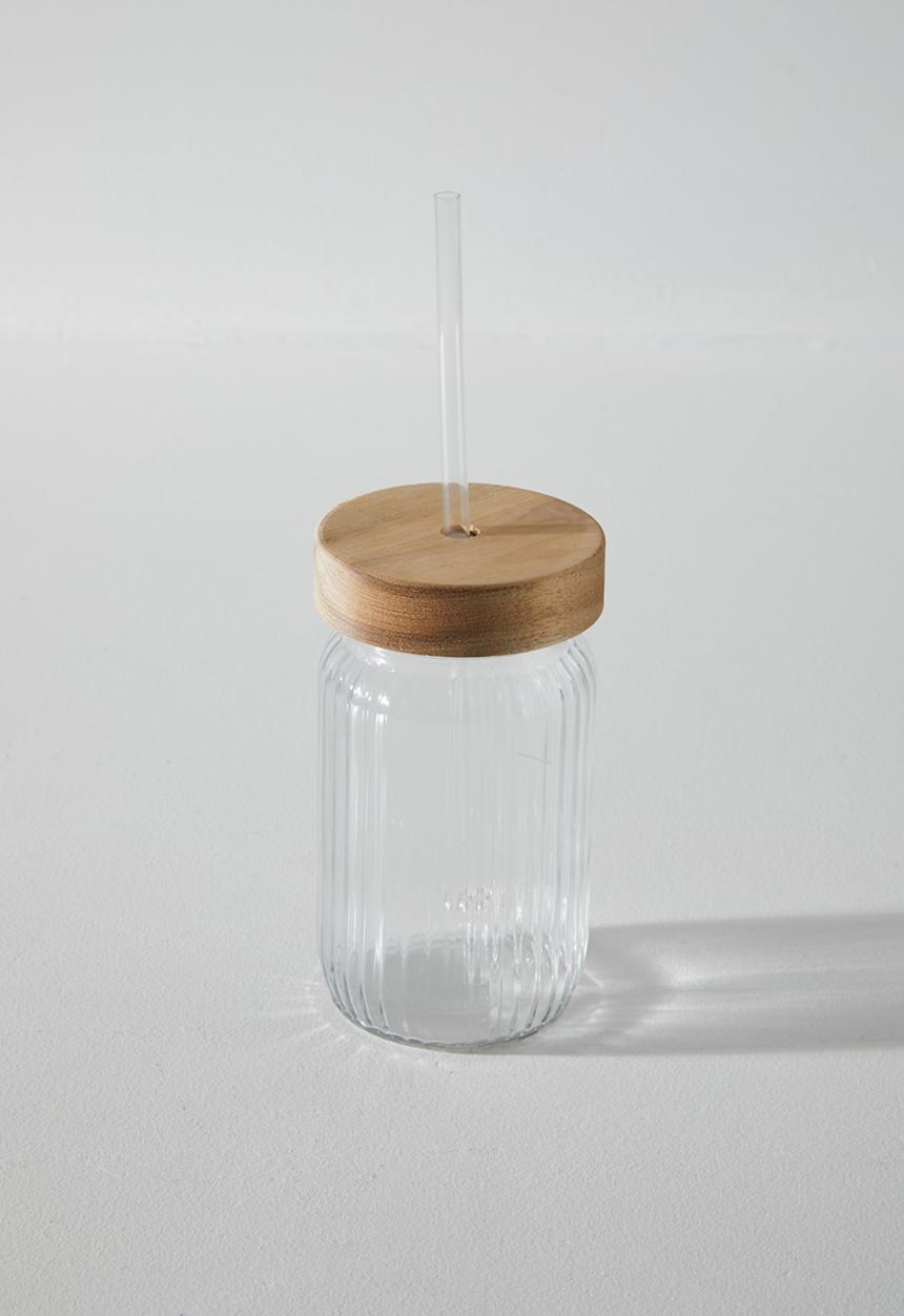 Excellent Houseware - Drinking glass with wood lid - Clear