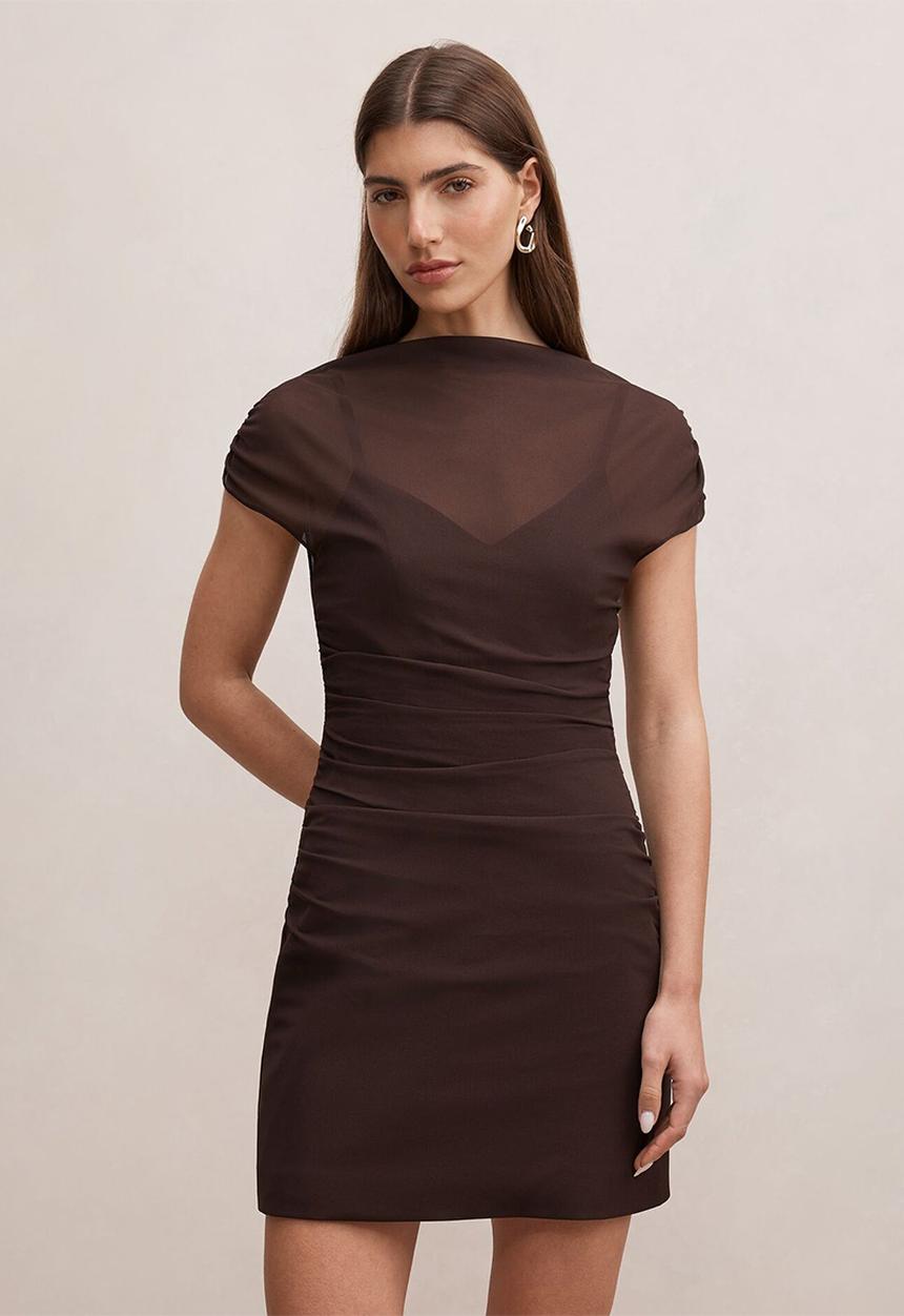 Forever New - Vivianna mesh overlay mini dress in chocolate