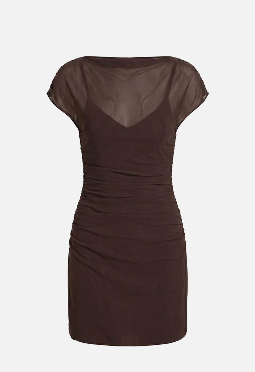 Forever New - Vivianna mesh overlay mini dress in chocolate