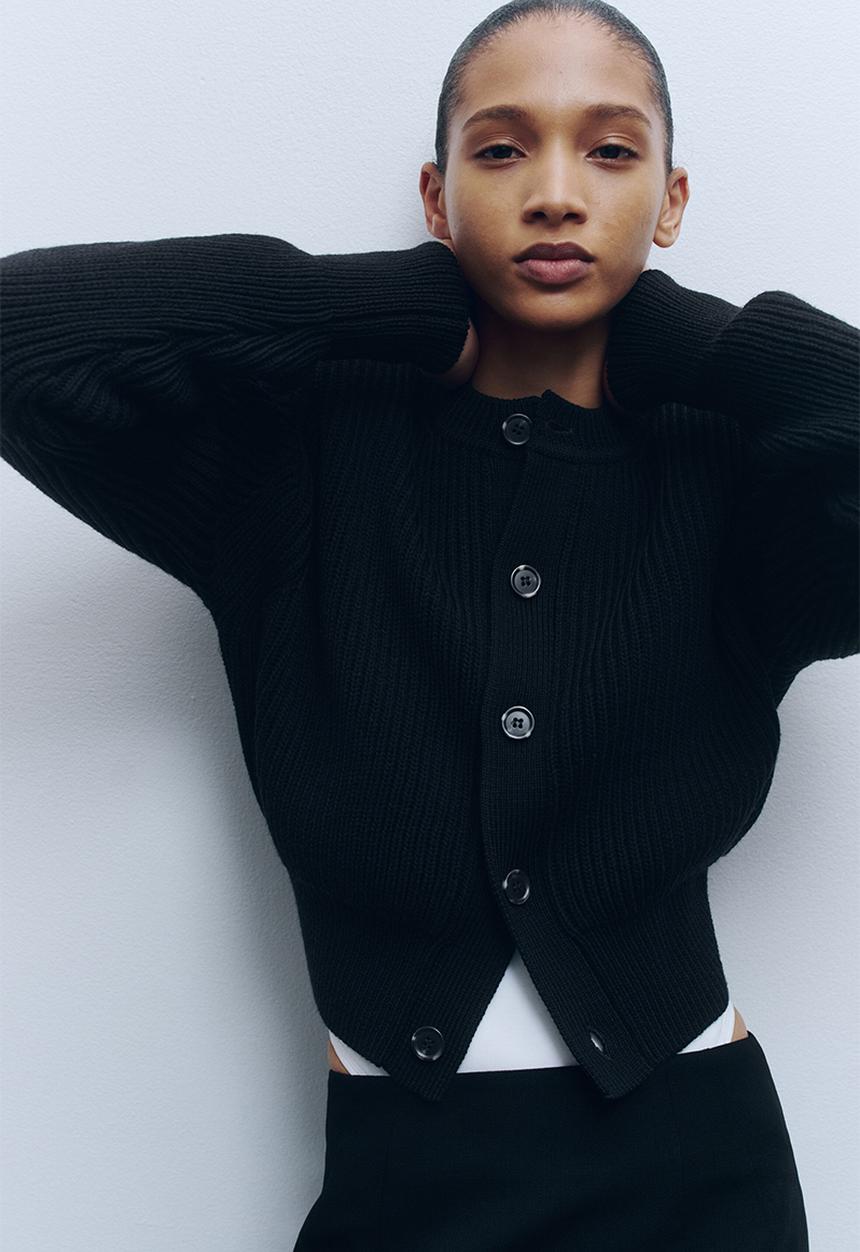 H&M - WARDROBE.NYC H&M:  Shoulder-pad wool cardigan - black