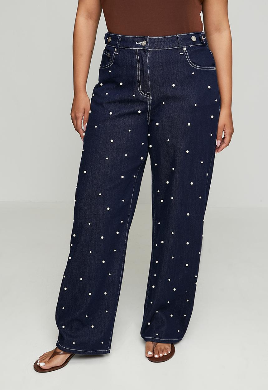 Me&B - Plus Straight Leg Jean with Pearls - Dark Wash