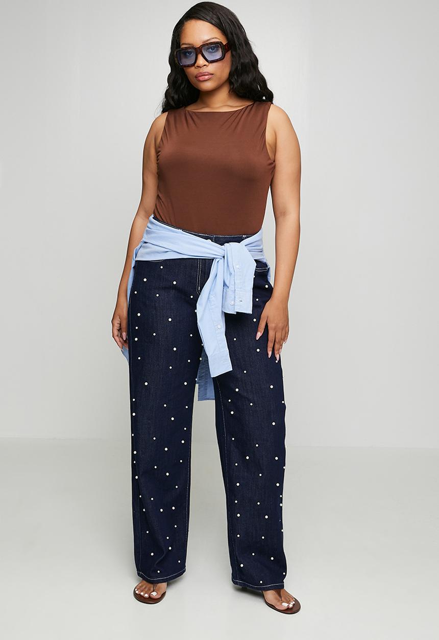 Me&B - Plus Straight Leg Jean with Pearls - Dark Wash