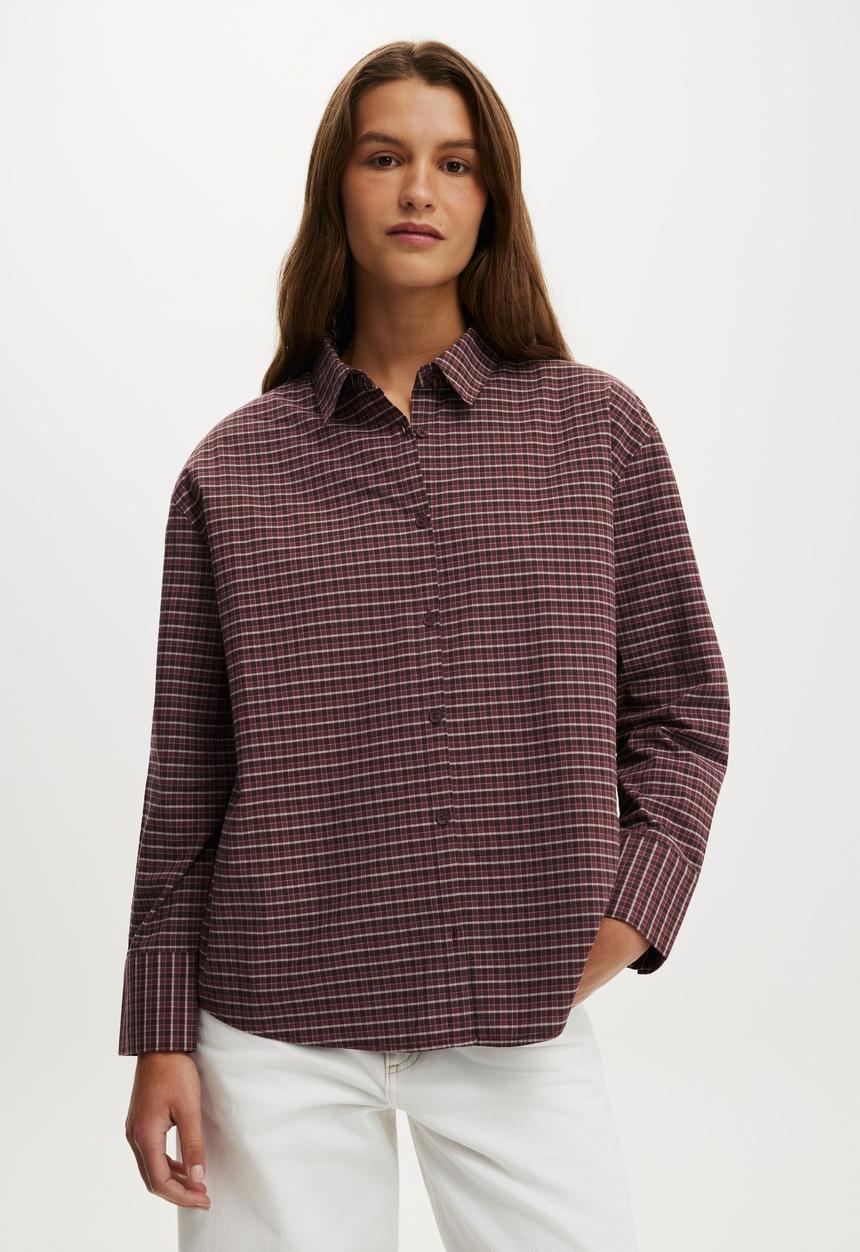 Cotton On - Sloane Oversized Shirt - Micro Check Cocoa/ Deep Pomergranate