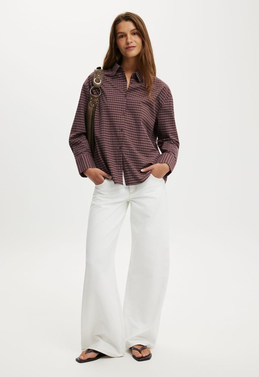 Cotton On - Sloane Oversized Shirt - Micro Check Cocoa/ Deep Pomergranate
