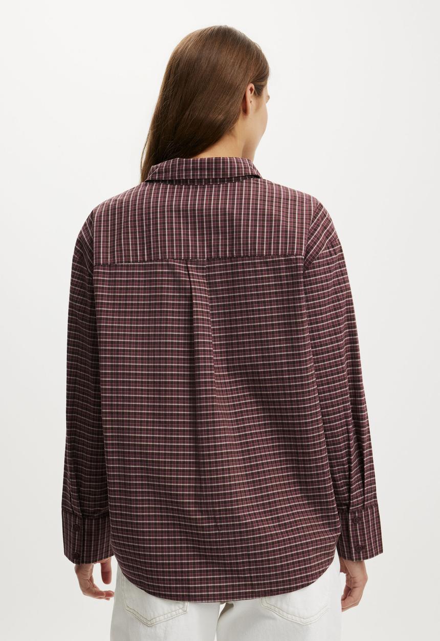 Cotton On - Sloane Oversized Shirt - Micro Check Cocoa/ Deep Pomergranate