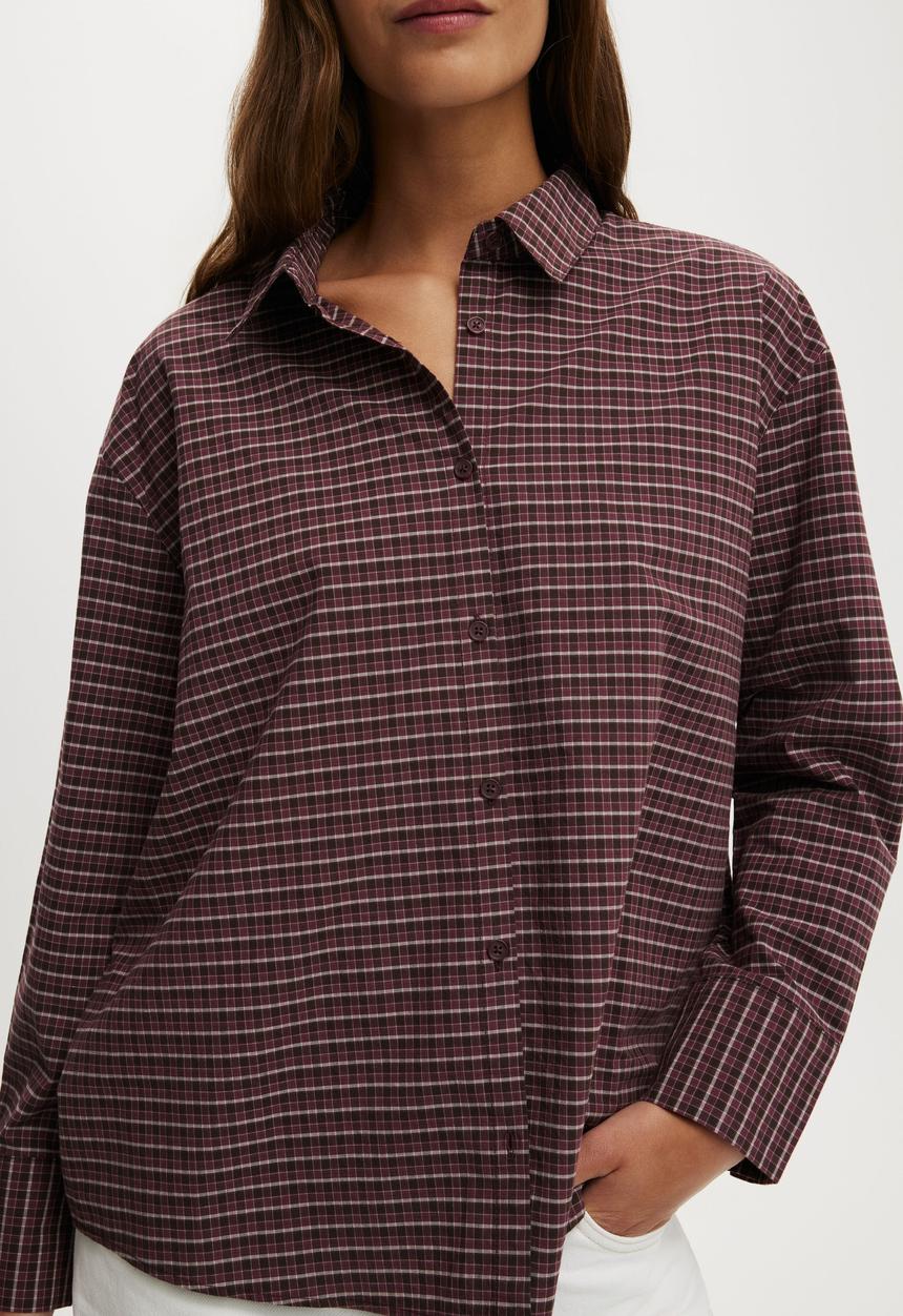 Cotton On - Sloane Oversized Shirt - Micro Check Cocoa/ Deep Pomergranate