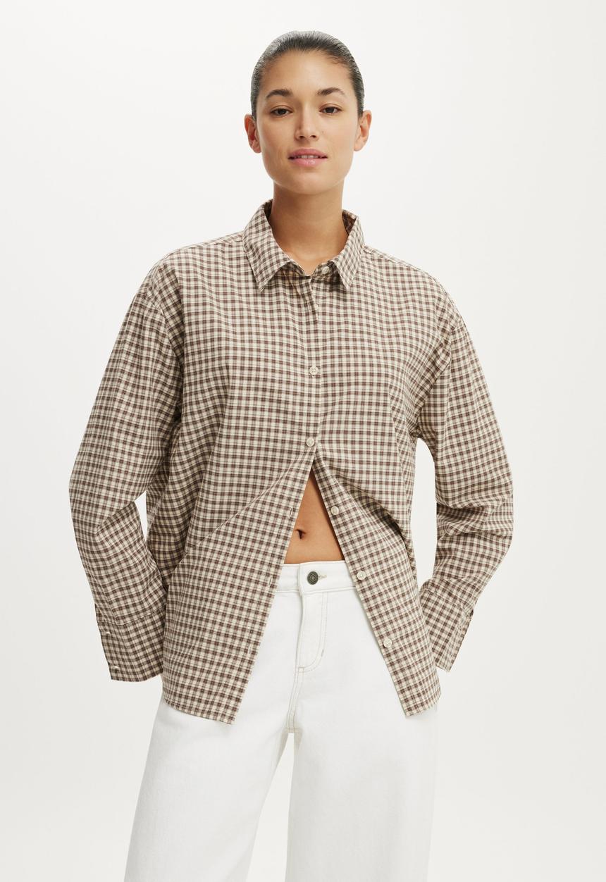 Cotton On - Sloane Oversized Shirt - Harri Check Honey Beige/ Rich Mocha