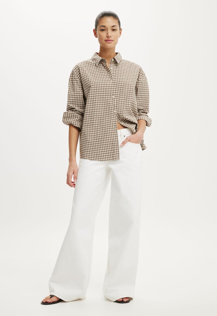Cotton On - Sloane Oversized Shirt - Harri Check Honey Beige/ Rich Mocha