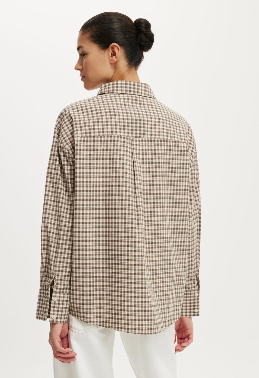 Cotton On - Sloane Oversized Shirt - Harri Check Honey Beige/ Rich Mocha