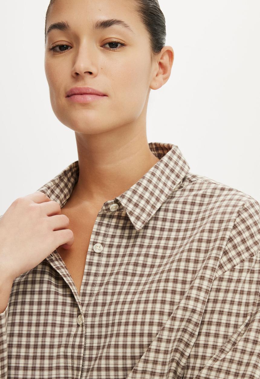 Cotton On - Sloane Oversized Shirt - Harri Check Honey Beige/ Rich Mocha