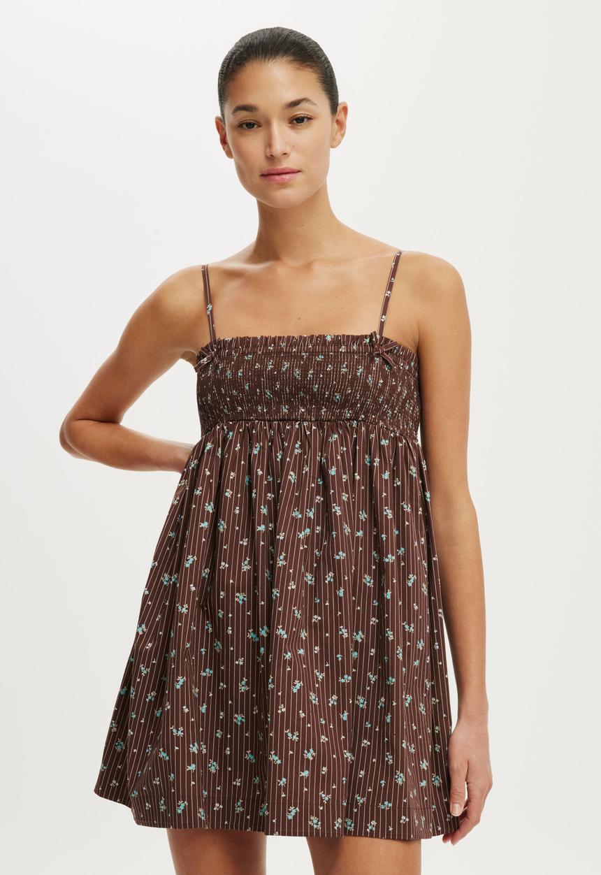 Cotton On - Eliza Babydoll Dress - Indy Pinstripe Ditsy Dark Oak
