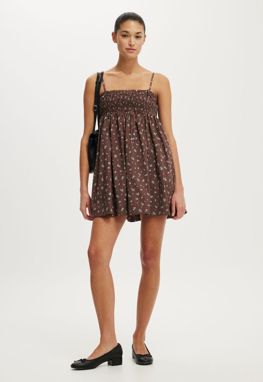 Cotton On - Eliza Babydoll Dress - Indy Pinstripe Ditsy Dark Oak